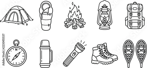 Camping icons set featuring tent backpack campfire compass and hiking boots isolated on transparent background