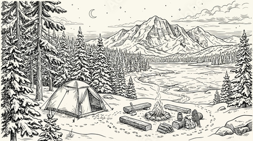Camping tent wilderness landscape vector illustration featuring majestic mountains pine forest campfire and starry night sky on transparent background