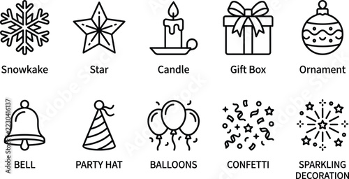 Christmas icons set outline vector symbols collection featuring festive holiday objects and winter celebration elements on transparent background