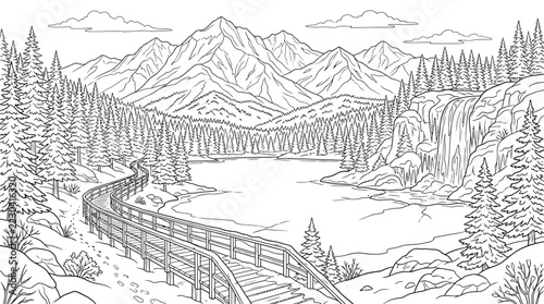 Mountain landscape coloring page featuring winding wooden boardwalk pine trees waterfall and majestic peaks on transparent background