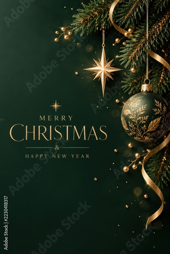 Minimal Luxury Christmas Card with Dark Green Background and Gold Ornament