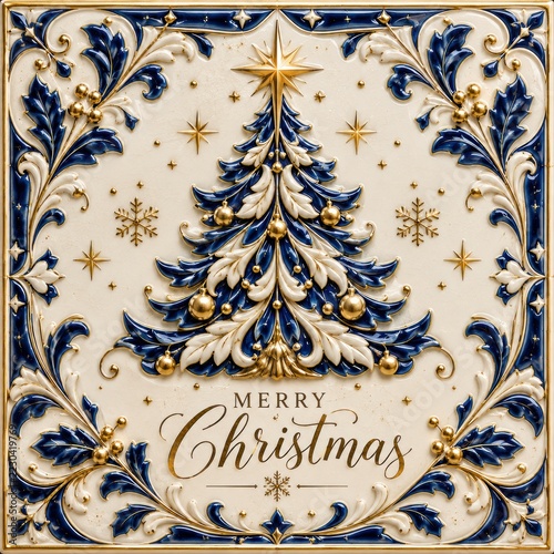 Luxury Christmas Ceramic Tile with Cobalt Blue Gold and Ivory Relief Tree
