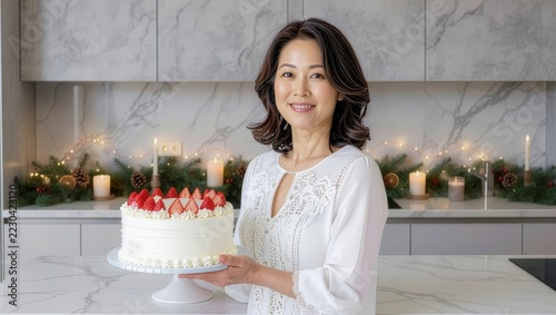 キッチンでいちごのクリスマスケーキを持っている女性