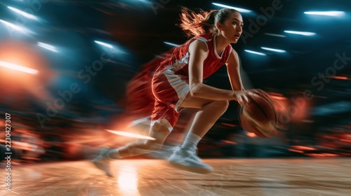 Female basketball player in red jersey dribbling ball quickly on indoor court with motion blur and intense focus