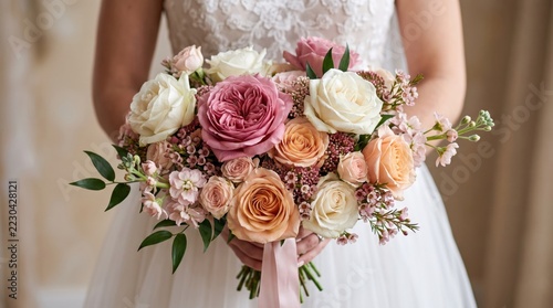 Bride holding romantic bouquet of pink peach and ivory roses at wedding