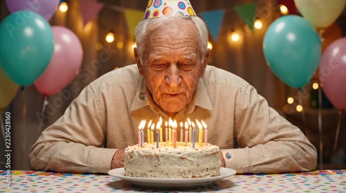 Senior man leaning over birthday cake with lit candles at festive party