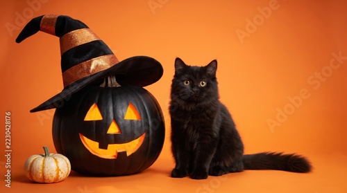 Black kitten sitting beside glowing Halloween pumpkin with witch hat on orange background