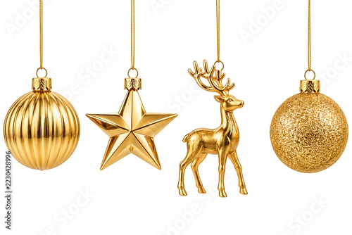 Golden Christmas baubles, six-pointed star, and deer reindeer ornamental baus hanging from strings on pure white background for festive greeting cards and holiday web design banners