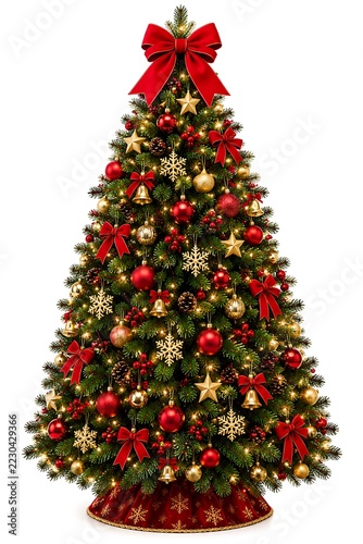 Festive Christmas tree decorated with red ribbons and golden stars, classic holiday pine, elegant seasonal background, holiday greeting card, winter banner design, traditional celebration