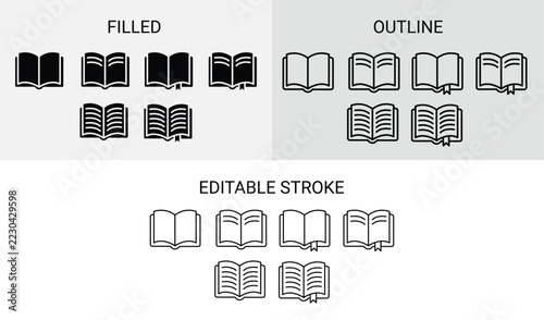 Open book icon set illustration, vector filled, outline and editable stroke books with bookmark for reading, education and literature