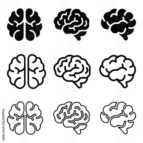 Brain icon set illustration, vector human brain top and side view in solid, outline and thin line styles for mind, intelligence and health 