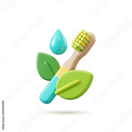 3D dental hygiene icon with wooden toothbrush green leaves and blue water drop on white