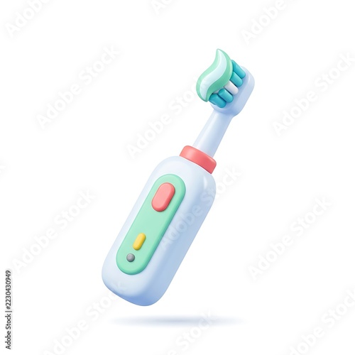 Stylized 3D electric toothbrush with toothpaste swirl isolated on white background with soft shadow
