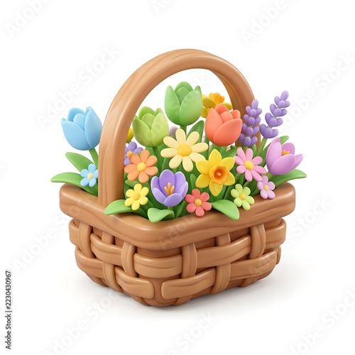 Stylized 3D render of a woven basket filled with colorful pastel spring flowers isolated on white