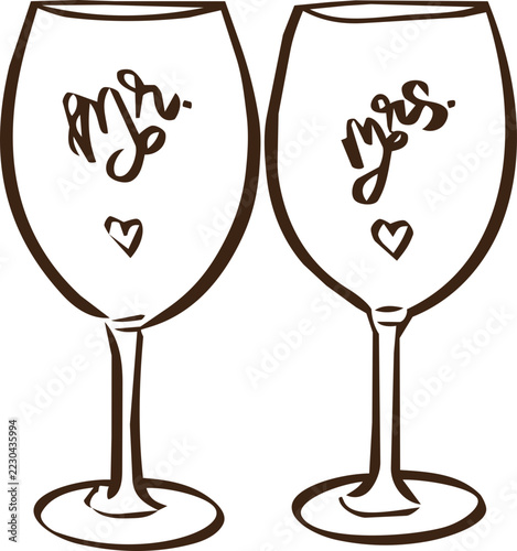 Hand drawn wedding wine glasses with ribbon and gift bottle. Simple romantic line art illustration for wedding invitations, celebration cards and bridal designs.