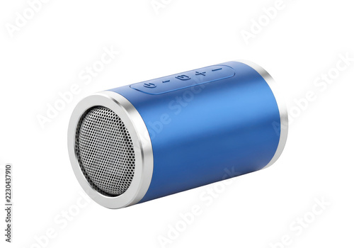 Small portable blue cylindrical Bluetooth speaker with silver trim, delivering audio for music and calls.
