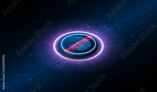 Fingerprint scanning security technology with circuit board. The future of cybersecurity and privacy.