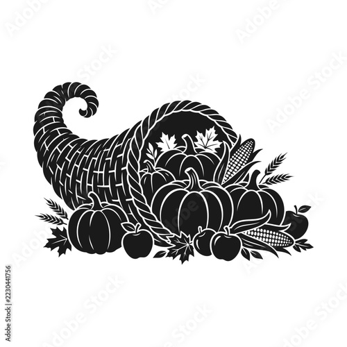 Thanksgiving cornucopia overflowing with pumpkins, gourds, apples, and harvest produce