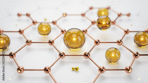 Amber spheres connected by copper atomic structure