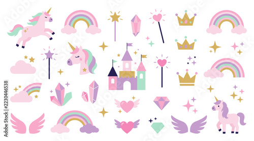 Minimalist unicorn and fantasy vector element set with unicorns, pastel rainbows, magic wands, crystals, castle, gold crowns, winged hearts, gems, clouds and sparkles isolated on white