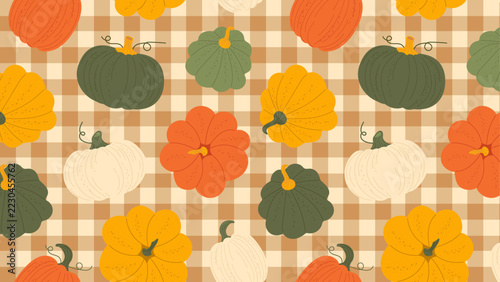 Seamless pattern for autumn season with pumpkins. Horizontal Cute checkered background for fabric, wrapping paper, textile, design greeting card and invitation. Vector Illustration