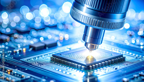 Precision Engineering: A high-tech microscope examines a complex microchip, its intricate circuitry illuminated by a bright beam of light.