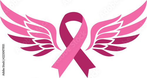 Breast Cancer Pink Ribbon with Angel Wings Vector Graphic for Medical Hope and Healing