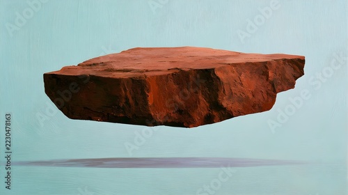 A red rock floats in a pale mint expanse