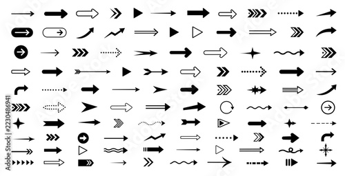 Large set of black arrows isolated on white background vector icons.