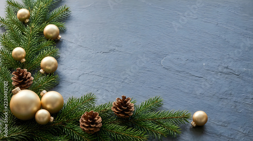 Gold baubles pine cones green fir branch holiday decoration flat lay