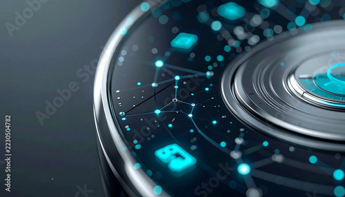 Abstract Digital Network: A futuristic abstract design showcases a complex digital network with glowing turquoise nodes and connecting lines, representing data flow and connectivity.