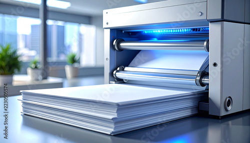 Automated Document Processing: A high-tech document scanner and sorter efficiently processes a stack of paper, indicating modern office automation and data management.