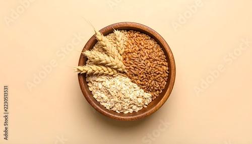 Rustic Arrangement of Natural Grains and Seeds with Earthy Textures on a Soft Beige Background