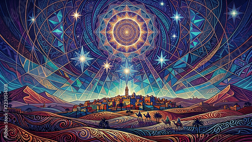Colorful Stained Glass Style Illustration of the Star of Bethlehem Shining Over a Desert Village
