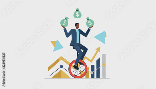 Skilled businessman balancing on unicycle while juggling money bags against backdrop of complex financial charts and data.
