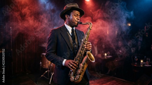 Man Playing Saxophone in Smoky Jazz Club