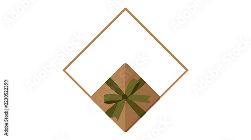 Minimalist flat illustration of a brown craft gift box with a dark green ribbon bow positioned inside a simple diamond shaped frame, clean vector graphic style