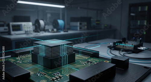 Stacked high bandwidth memory HBM DRAM cube on an interposer substrate showing data transmission in a hardware engineering testing laboratory