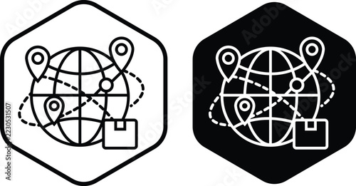Global delivery tracking with world globe pins and package inside hexagon