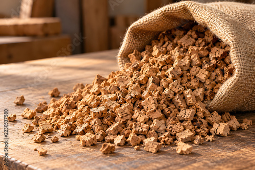Cork Pieces Spilling from Burlap Sack onto Wooden Table