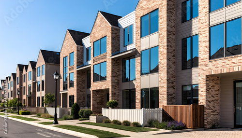 Modern brick townhouses with large windows and wooden accents on suburban street