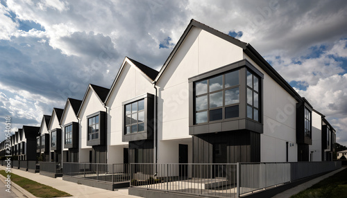 Modern row of contemporary townhouses with large windows and balconies under cloudy sky
