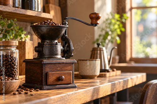 Vintage Manual Coffee Grinder on a Sunlit Kitchen Counter