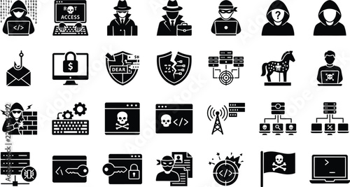 Hacker icons set showing cybercrime threats and security breaches