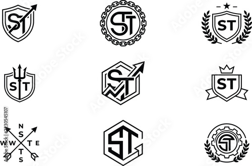 Logos set with monogram st letters, shields, arrows, and geometric shapes
