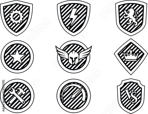 Badge icon set with shield, gear, lightning, lion, star, helmet, crown, tools, speed and vs symbols