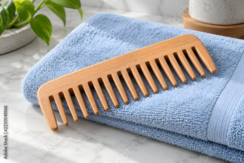 Wooden Wide Tooth Comb on Blue Bathroom Towels