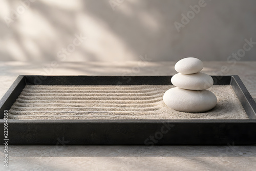 Stacked White Stones in a Sunlit Zen Sand Garden
