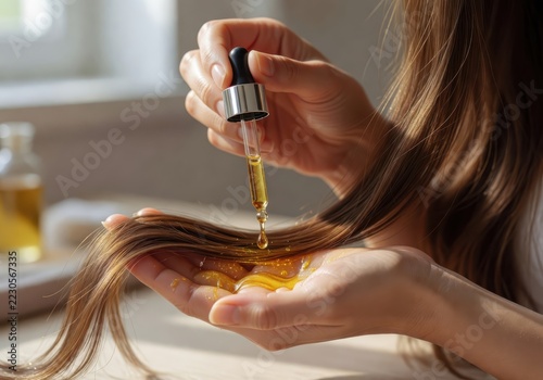 Woman applying golden oil dropper treatment to long hair for natural beauty care
