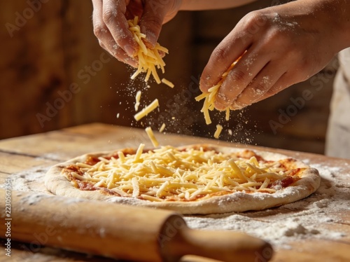 Chef generously sprinkling shredded mozzarella cheese over homemade pizza on wooden board